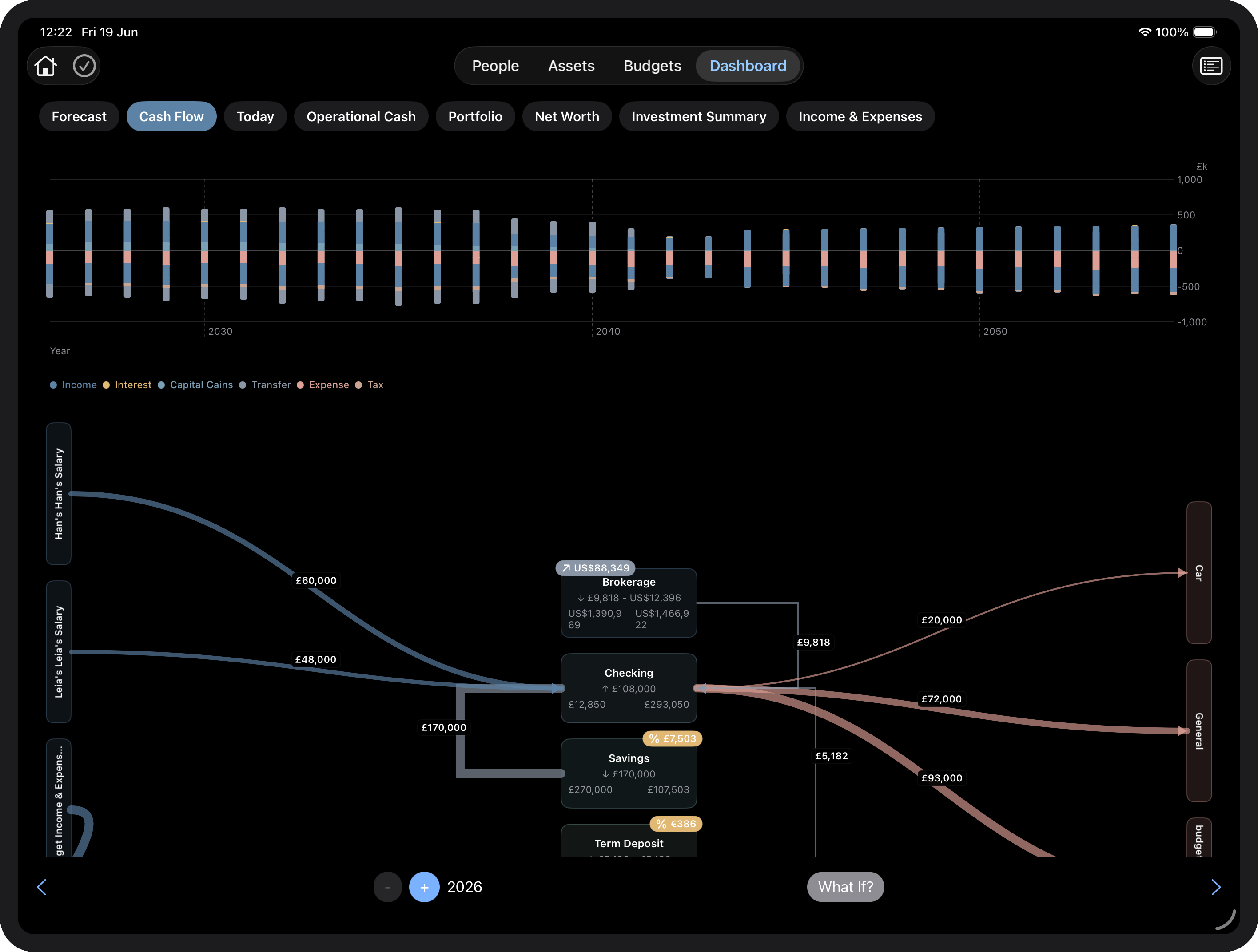 Tally Up cash flow view showing income and expense flows