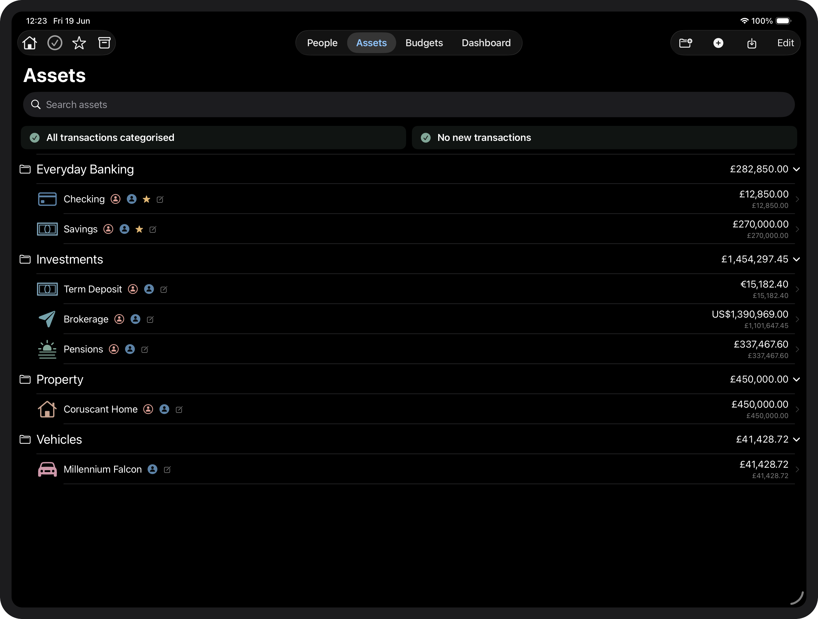 Tally Up assets list showing all accounts grouped by type