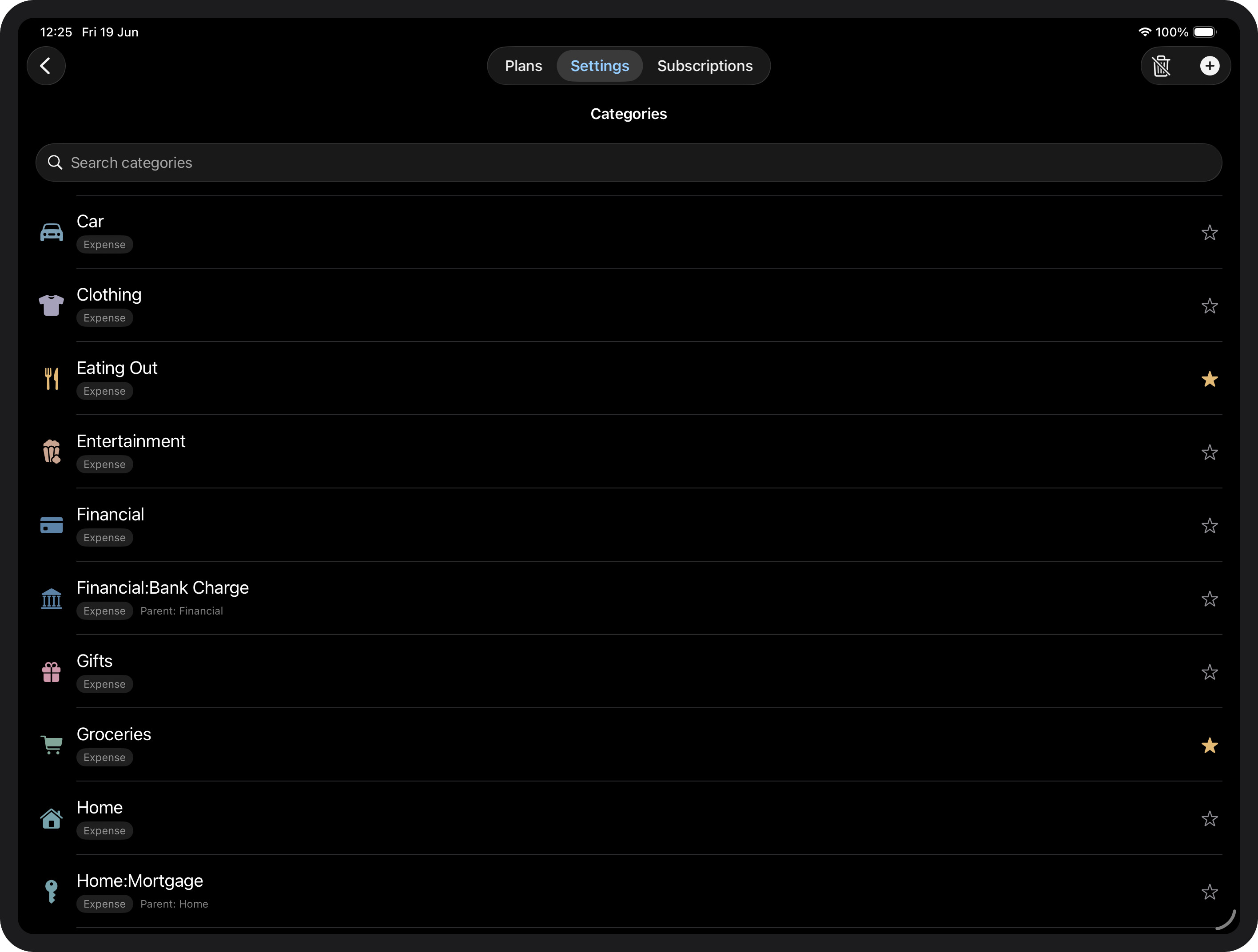 Categories list