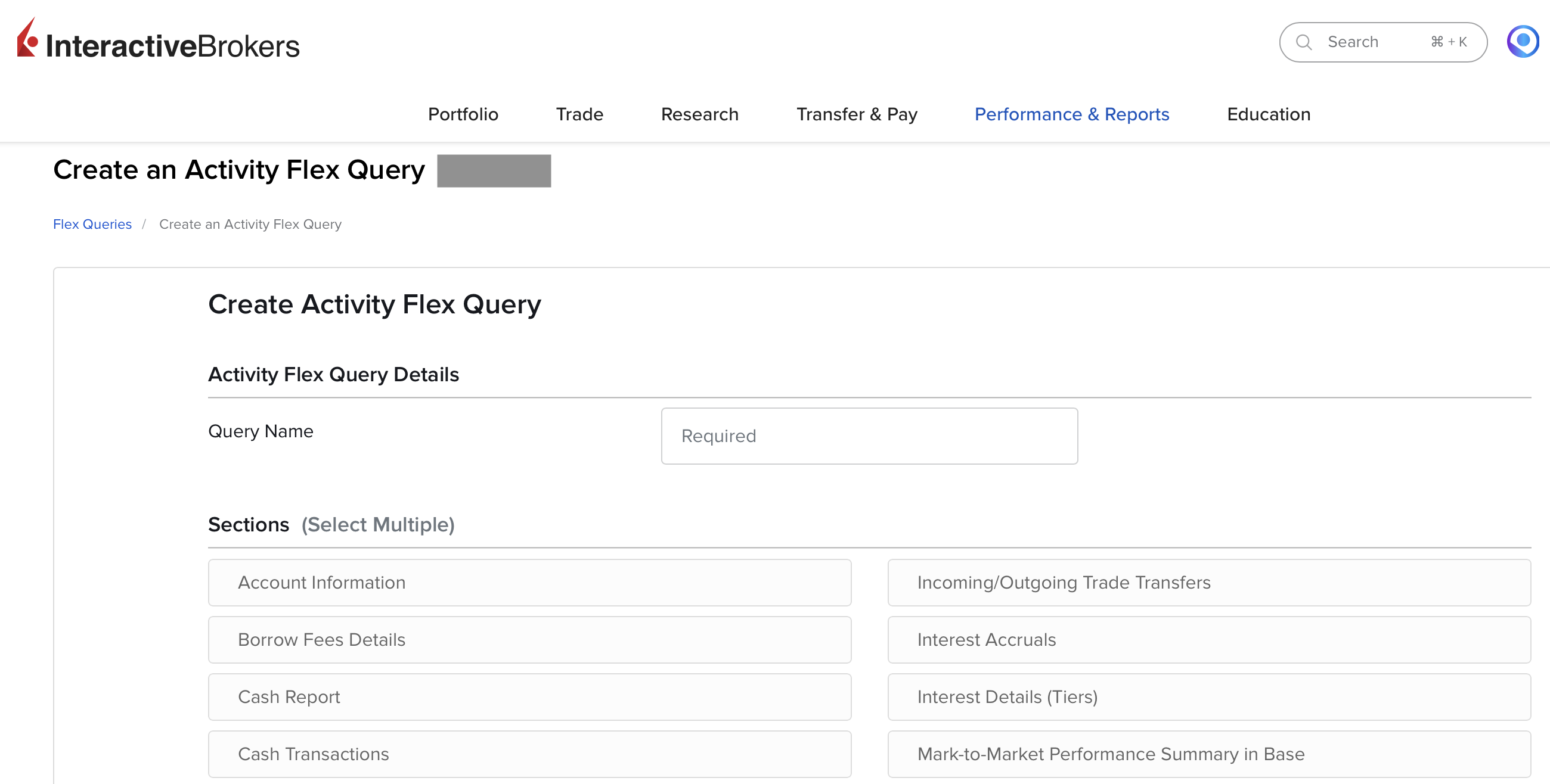 IBKR Flex Query editor showing the section checkboxes and query type settings