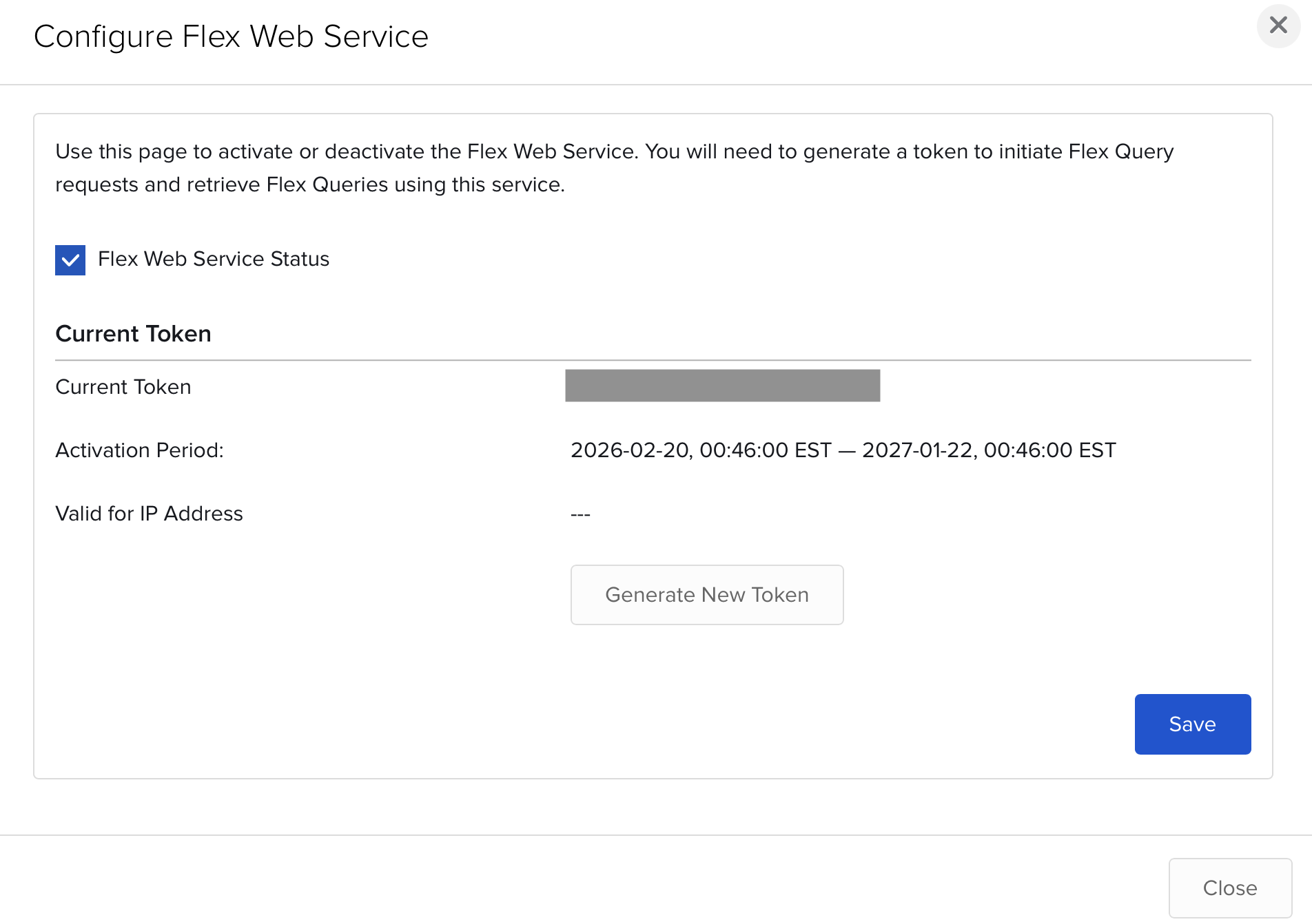 IBKR Flex Web Service settings page showing the Enable and Generate Token options