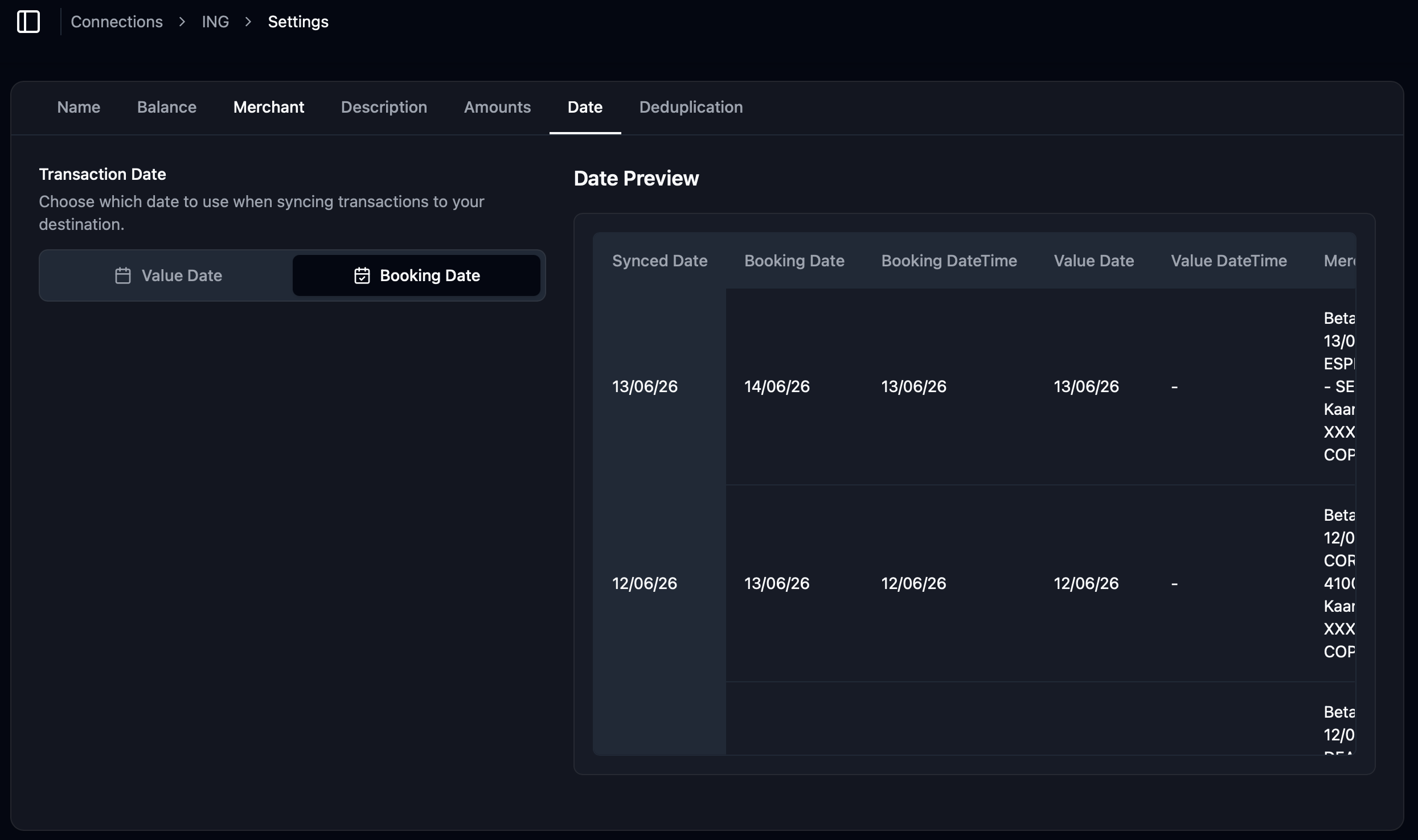 Lunch Flow connection settings showing the date field set to Booking Date