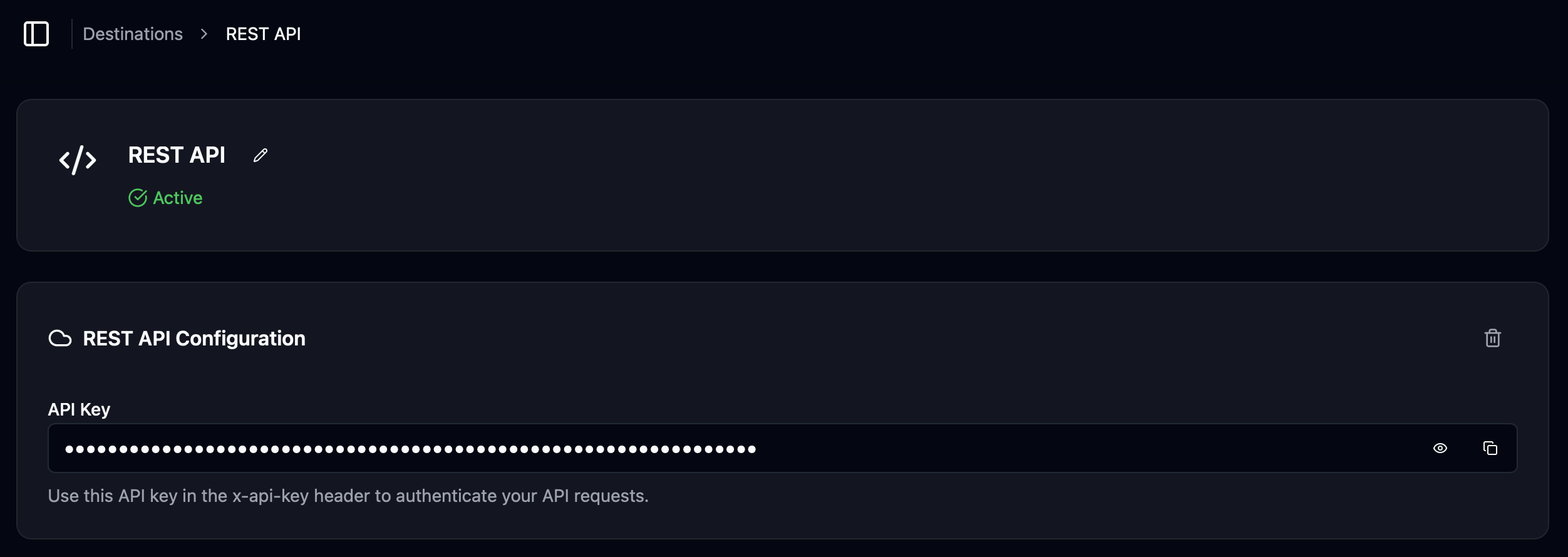 Lunch Flow destination confirmation screen showing the generated API key