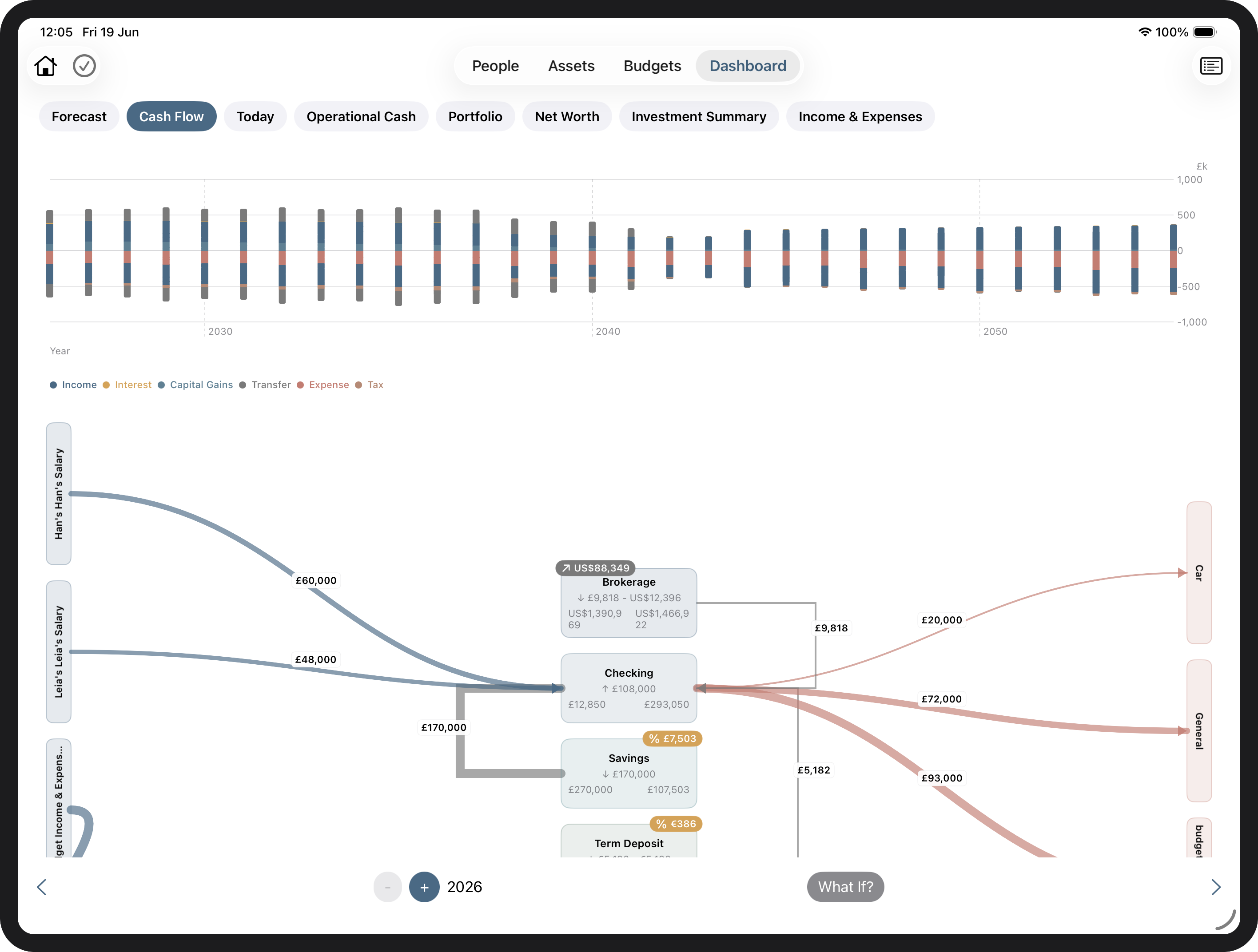 Tally Up cash flow view showing income and expense flows