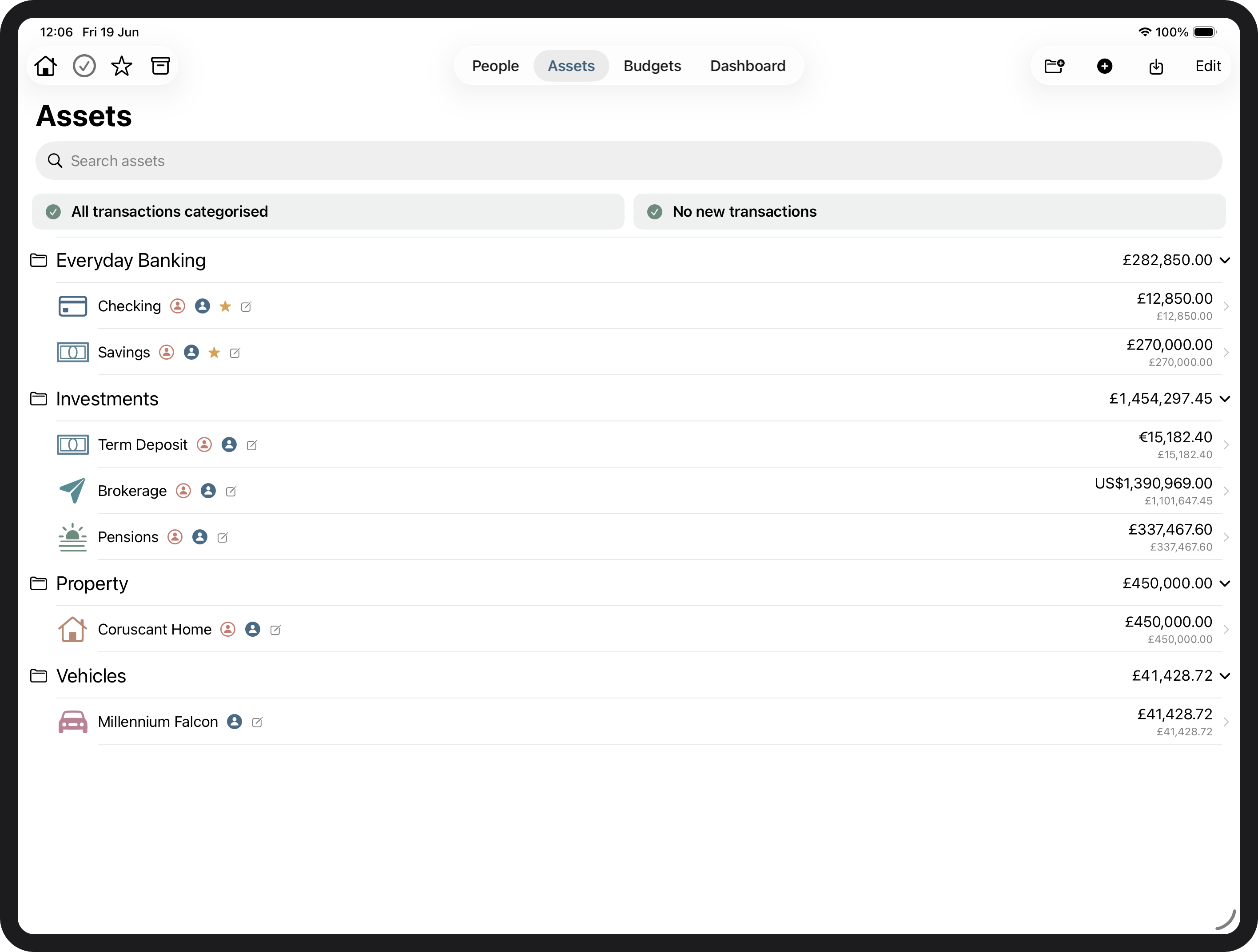 Tally Up assets list showing all accounts grouped by type