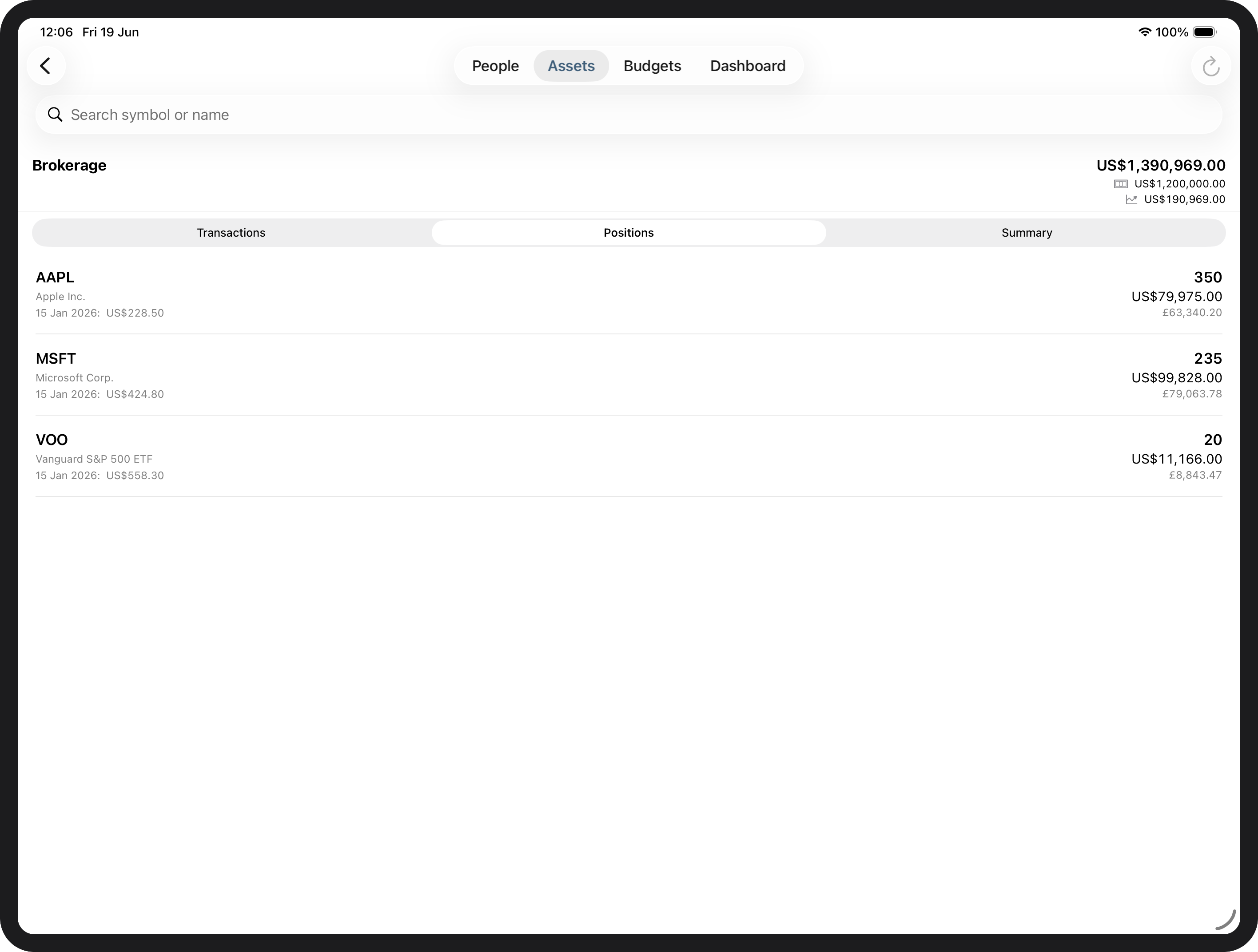 Positions tab