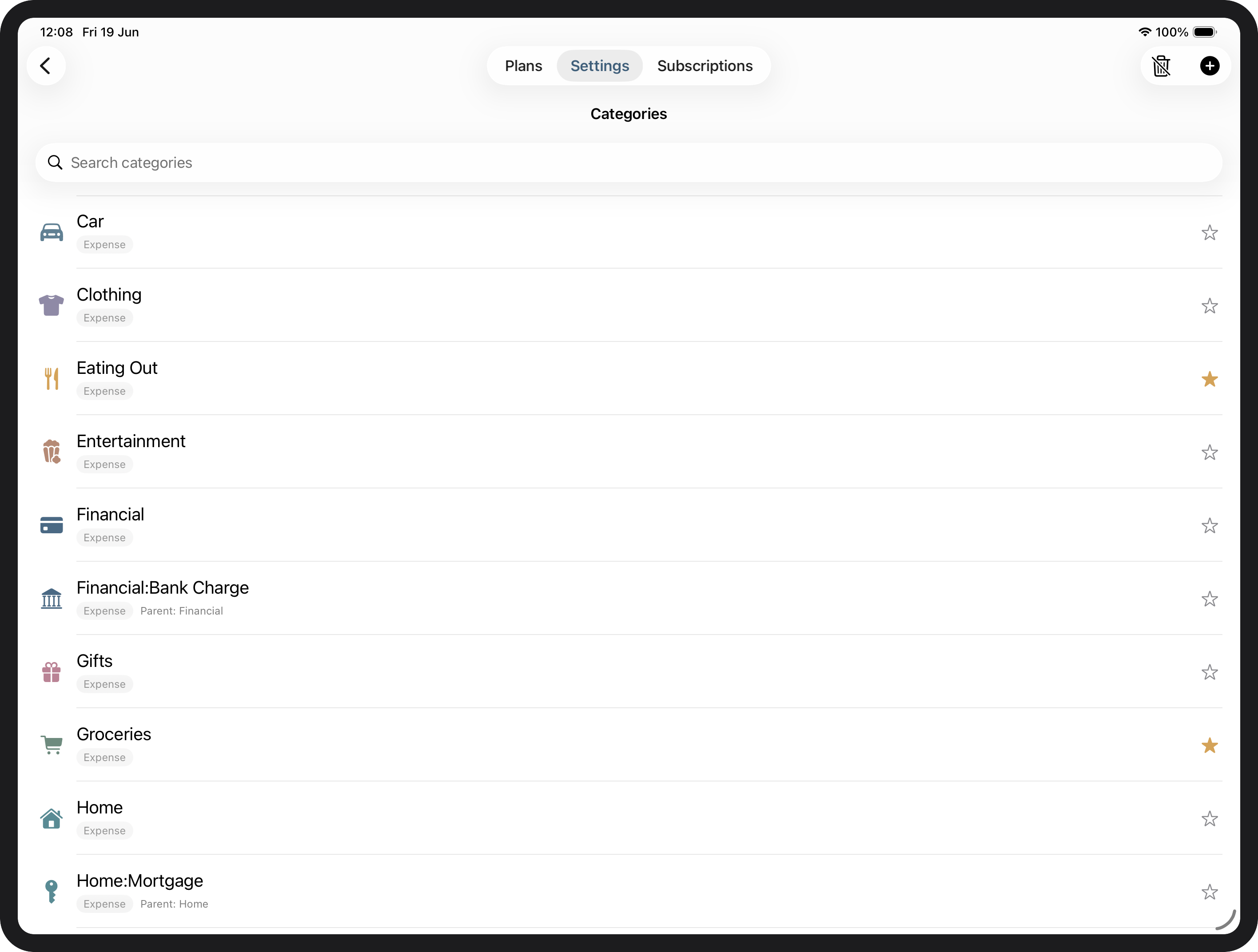 Categories list